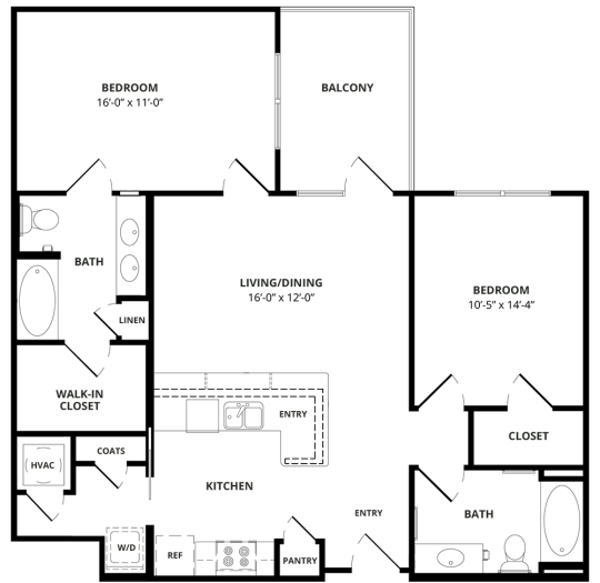 the floor plan for a two bedroom apartment at The Steelyard Apartments