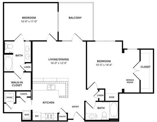 the floor plan for a two bedroom apartment at The Steelyard Apartments