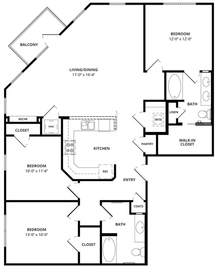 floor plan for a two bedroom apartment at The Steelyard Apartments