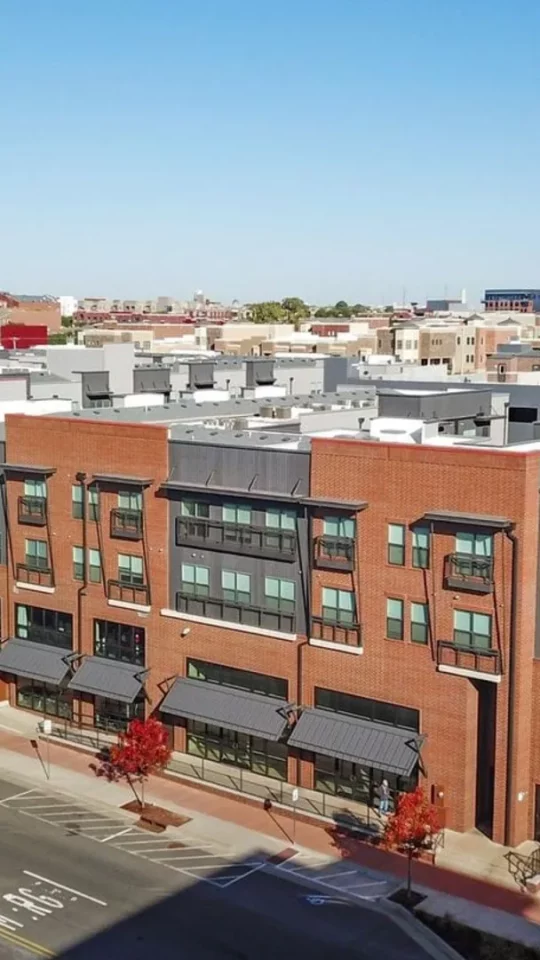 the view of a city street from a high rise at The Steelyard Apartments