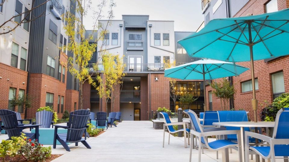 the courtyard at The Steelyard Apartments