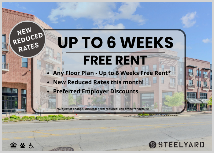 An advertisement for a rental property offering up to six weeks of free rent and new reduced rates. The image features a modern apartment building with large windows and balconies. The ad highlights preferred employer discounts and mentions that the offer is subject to change. The scene is set on a bright, sunny day with a clear blue sky.